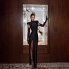 Women Solid Color High Split Slim Long Evening Prom Dress With Gloves