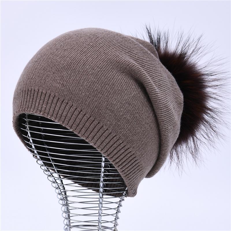 Real Raccoon Fur Pom Pom Knitted Hat Women Beanies Cashmere Winter Hat Female Girl Cotton Skullies Wool Beanie Hat