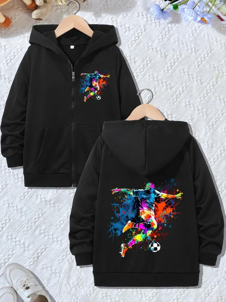 Kids Zip Up Hoodie Color Splash Soccer Player Print Long Sleeve Loose Hooded Jacket For Boys Girls Sports Daily Outerwear