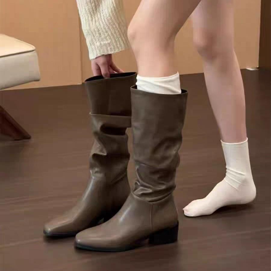 Blue Cabinet Edition~ French White Pleated Pile Boots Women's British Style Thick Heel Boots Temperament But Knee Knight Boots