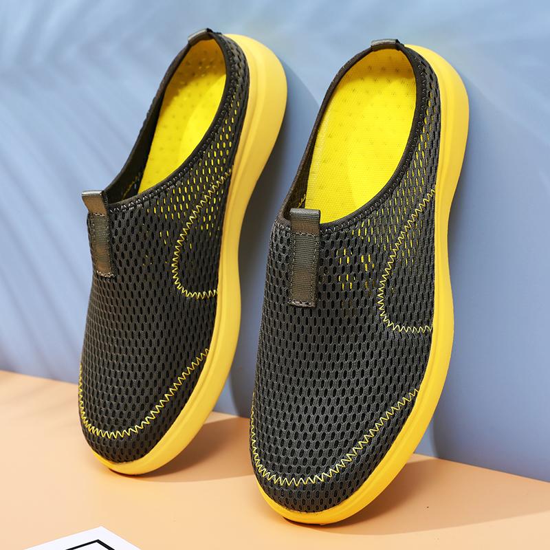 Fashion Fashion Men Half Slipper New Style Lat-soled Wild Flat-bottomed Summer Breathable Mesh Thin Section Baotou Slippers Man