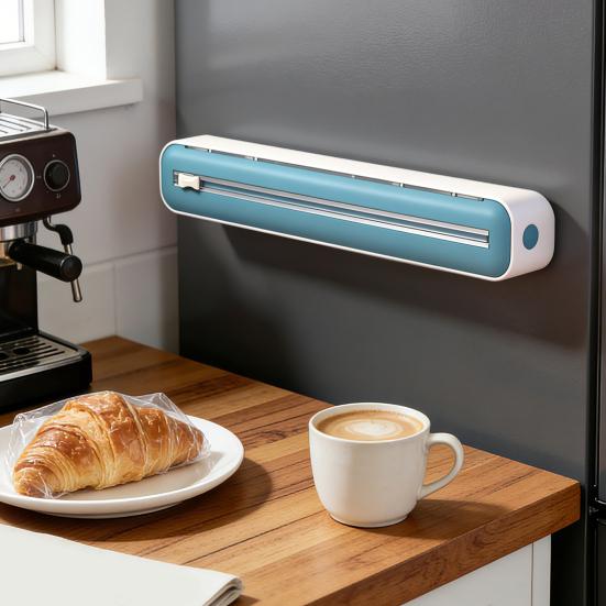 Wall Mounted Wrap Holder Plastic Dispenser with Slider Cutter, No-Drill Mount Magnetic Cutter Tool Cling Film Refillable Food for Kitchen Universal
