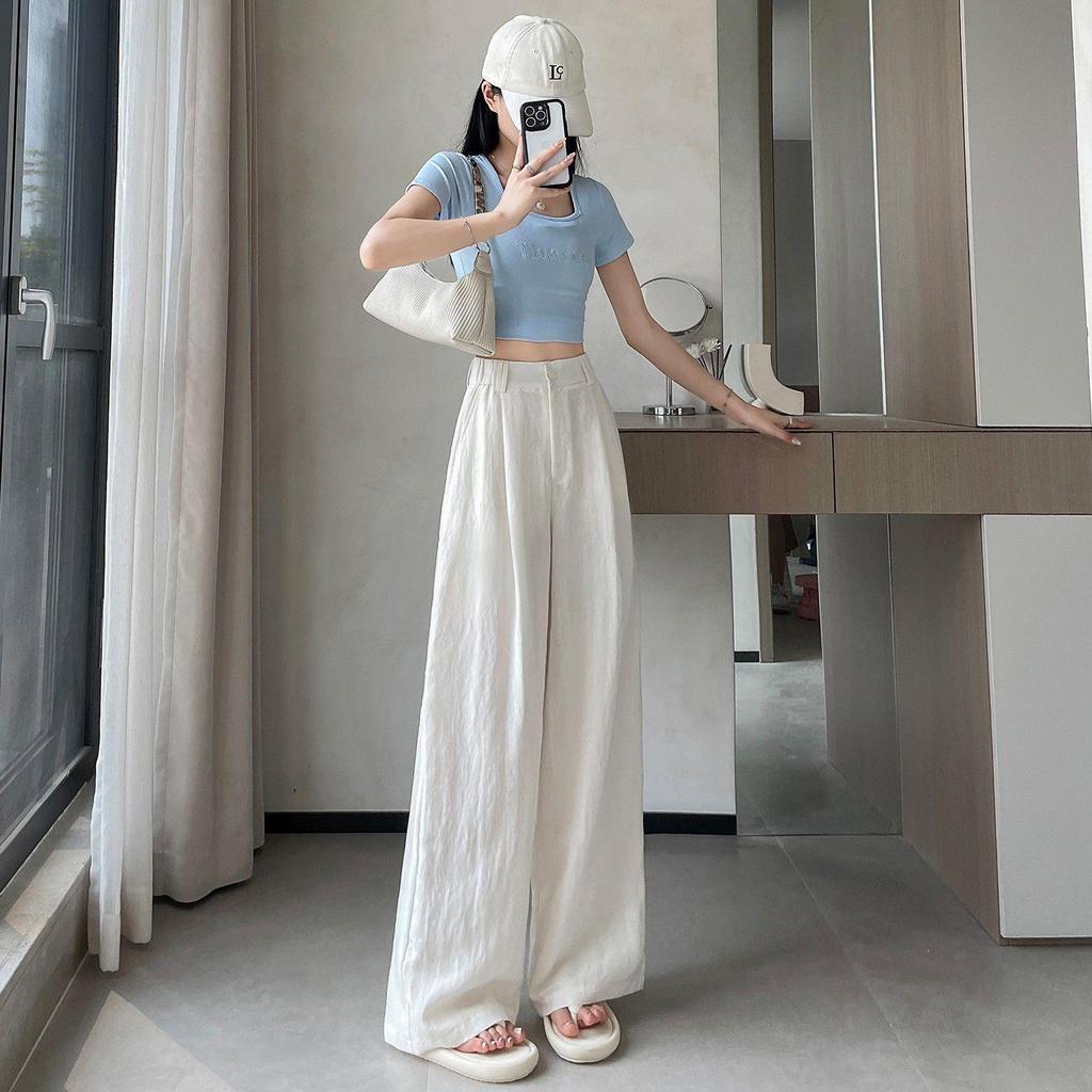 Women's Tencel Linen Wide-Leg Pants - Summer Ice Silk Cotton Blend, High Waist, Slimming, Floor Length, Loose Fit.