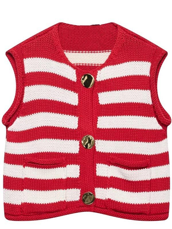 European and American Wholesale 2025 Autumn New Women's Clothing, Striped Knitted Sleeveless Crew Neck Vest Top, Pocket Vest
