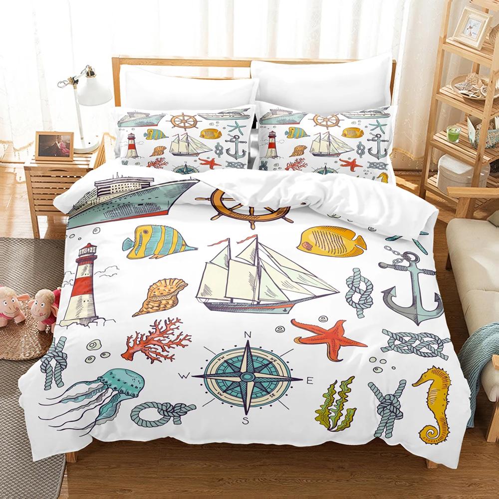 Anchor Duvet Cover Set,Nautical Pattern Classic Colors And Anchors Simplistic Design Sailor Ship Print Bedding Set Queen Size