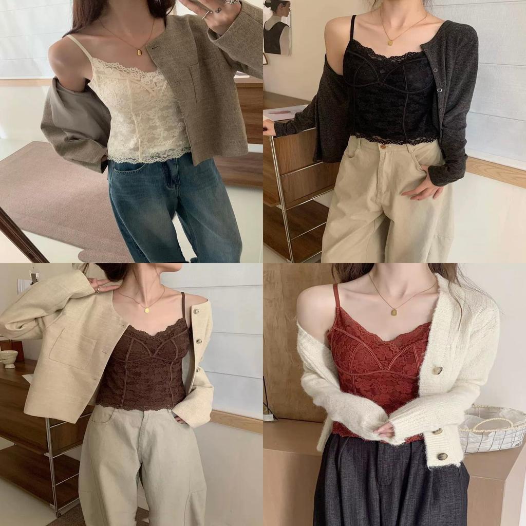 Cotton Winter Fall French Lace Camisole With Fixed Padded Cups For Women
