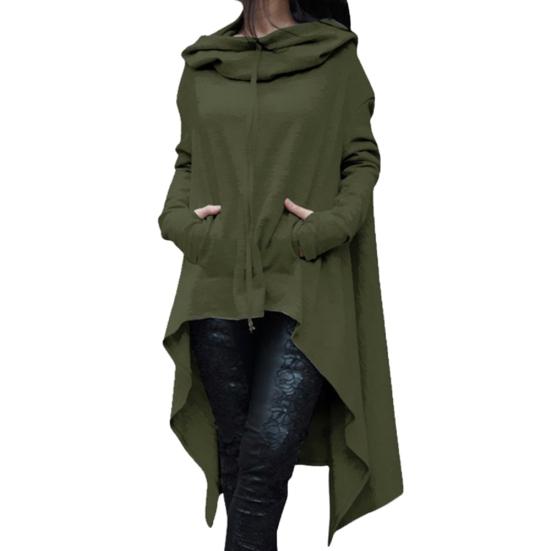 Women Solid Color Asymmetric Hem Drawstring Hooded Sweatshirt Loose Poncho Coat