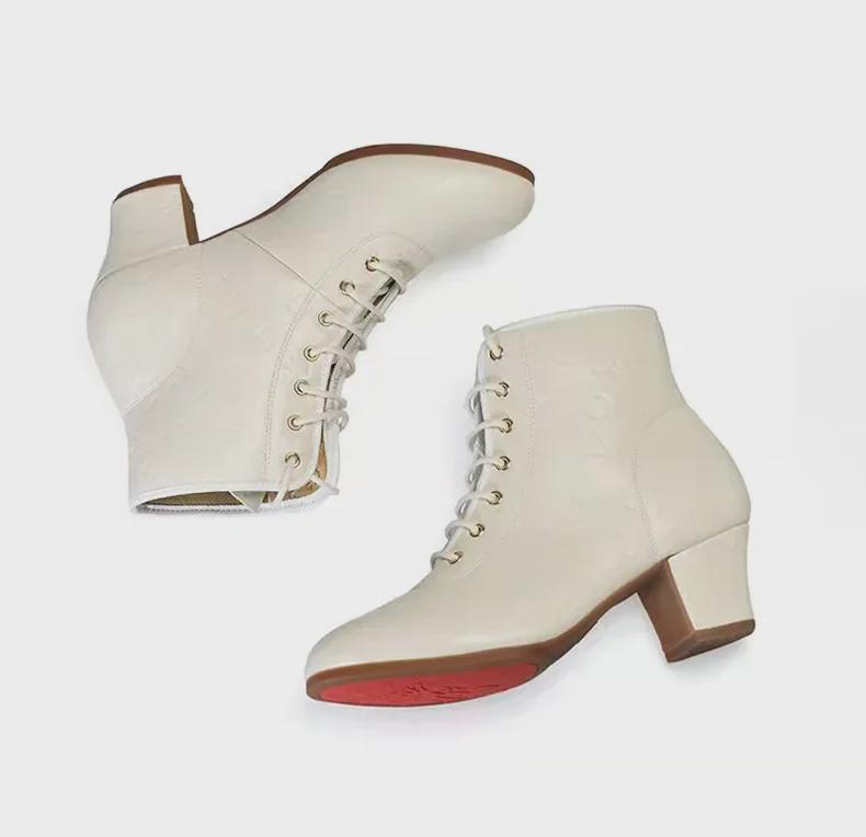 Women's Square Dance Shoes: Medium/High Heels, High Tops, Soft Sole, Embossed Leather, Ideal for Middle-aged/Elderly, Perfect for Autumn/Winter.