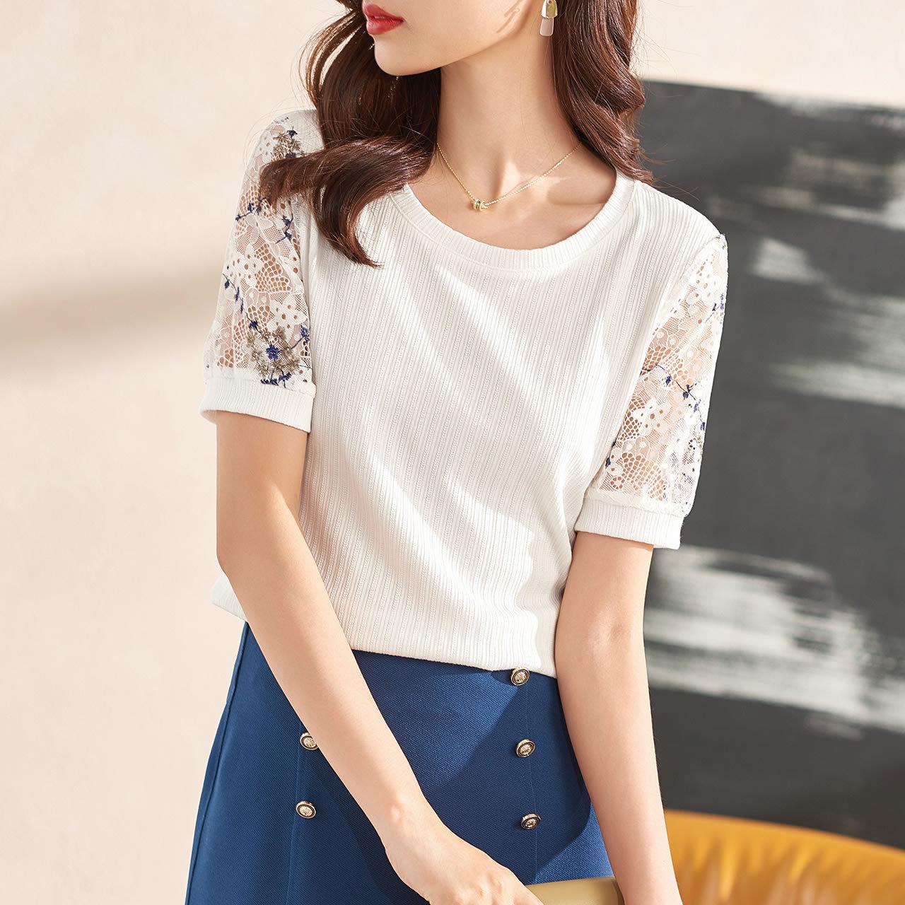 

Aiyimaiyi 2023 Летняя вышитая трикотажная женская футболка с коротким рукавом S белый