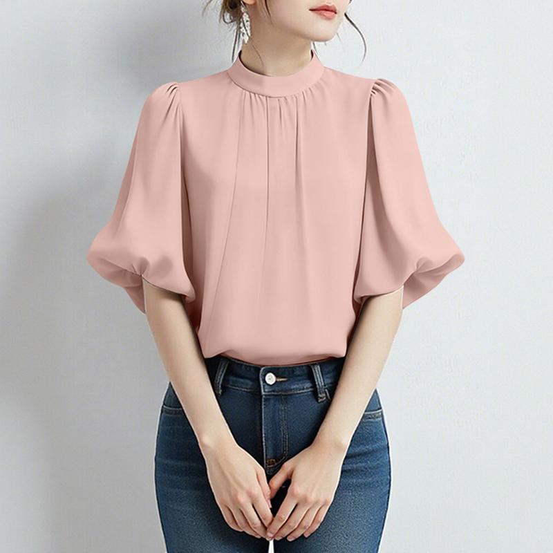 

ZANZEA Женская блузка с воротником-стойкой, однотонная, свободного кроя, с рукавом до локтя 2XL розовый