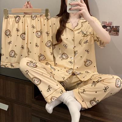 Pajamas Women'S Spring And Summer Short-Sleeved Trousers Three-Piece Set Cute Girl Loungewear
