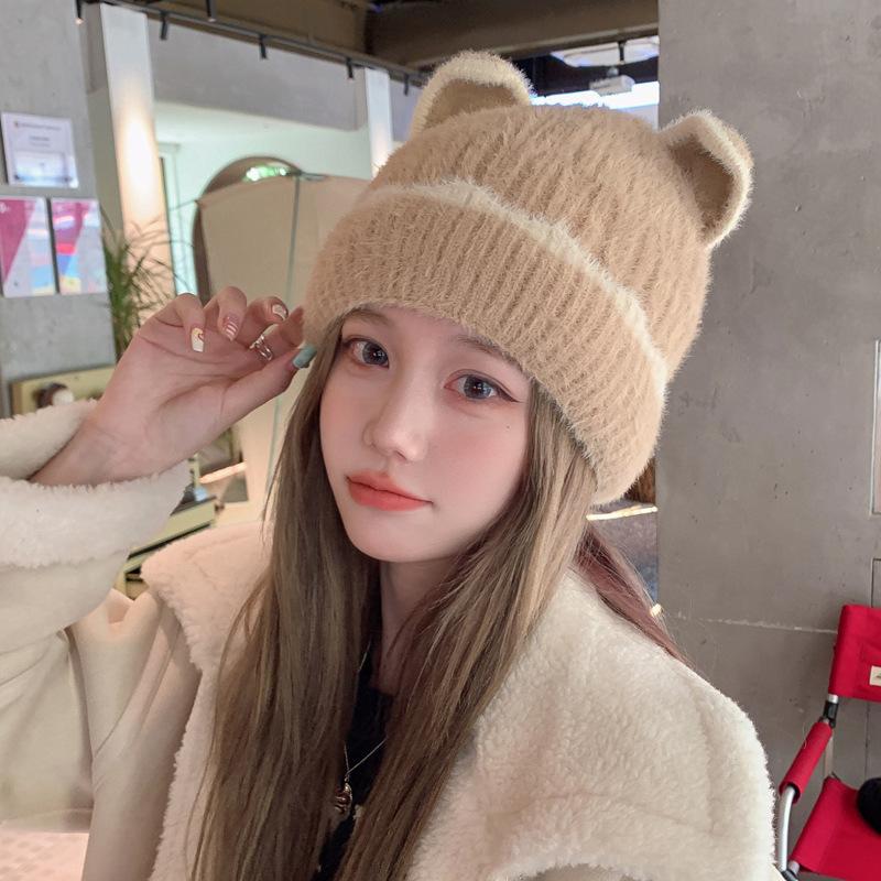 Korean Style Animal Ear Beanie Winter Hat for Women, Cute Knit Cap with Ears, Stretchy Warm Fuzzy Hat for Large Head