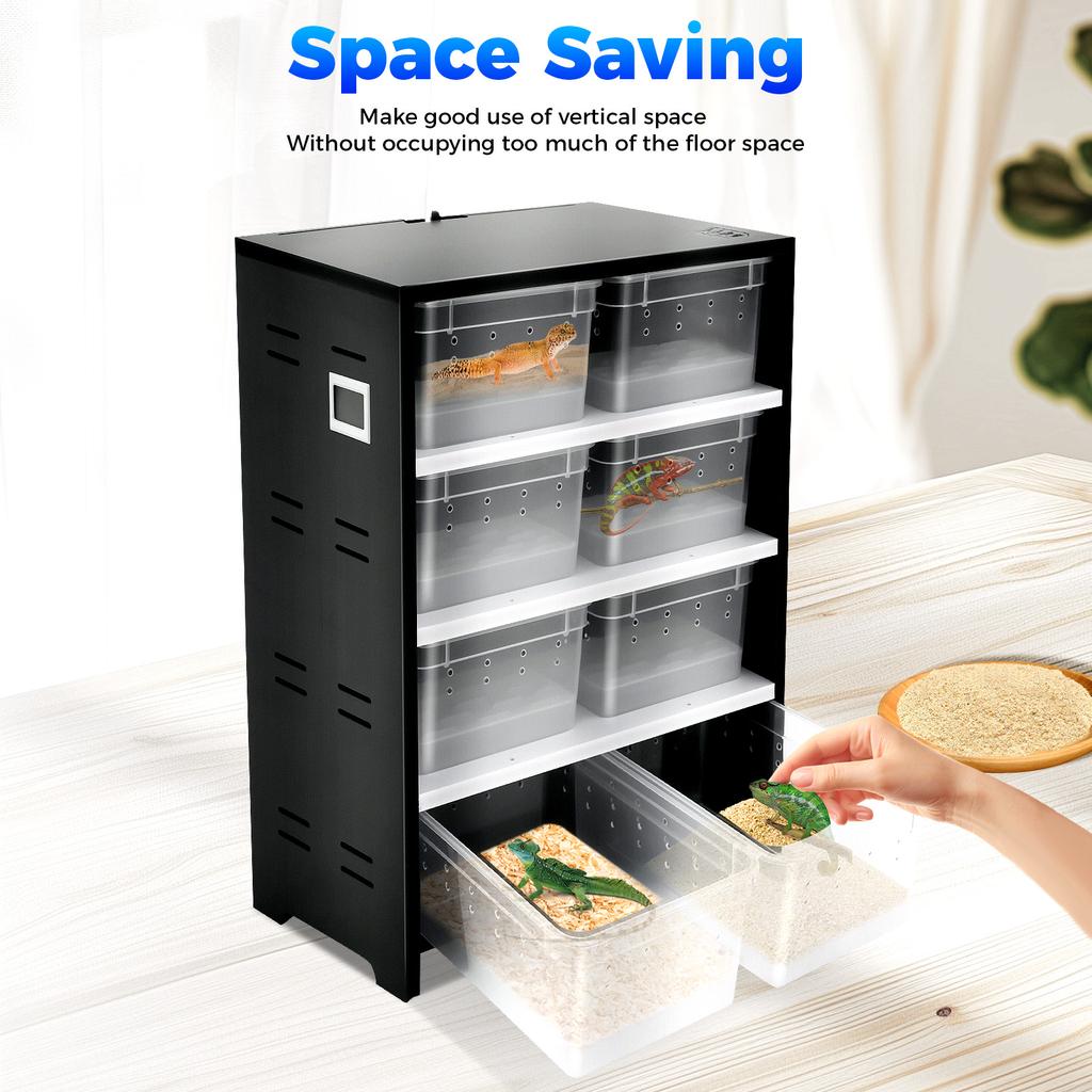 8-stöckiger Reptilienzuchtschrank mit Heizmatte, 8 transparente Boxen Habitat-Set für Eidechsen Schlangen Spinnen Skorpione