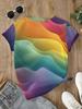 Rainbow wave printed short-sleeved T-shirt, round neck, fashionable casual style, top for women,
