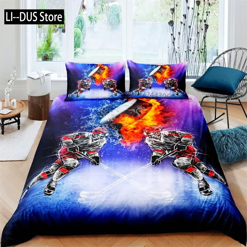Kids Ice Hockey Duvet Cover Full Hockey Player Pattern Bedding Set Winter Sports Theme Quilt Cover for Youth Teen Boy Room Decor