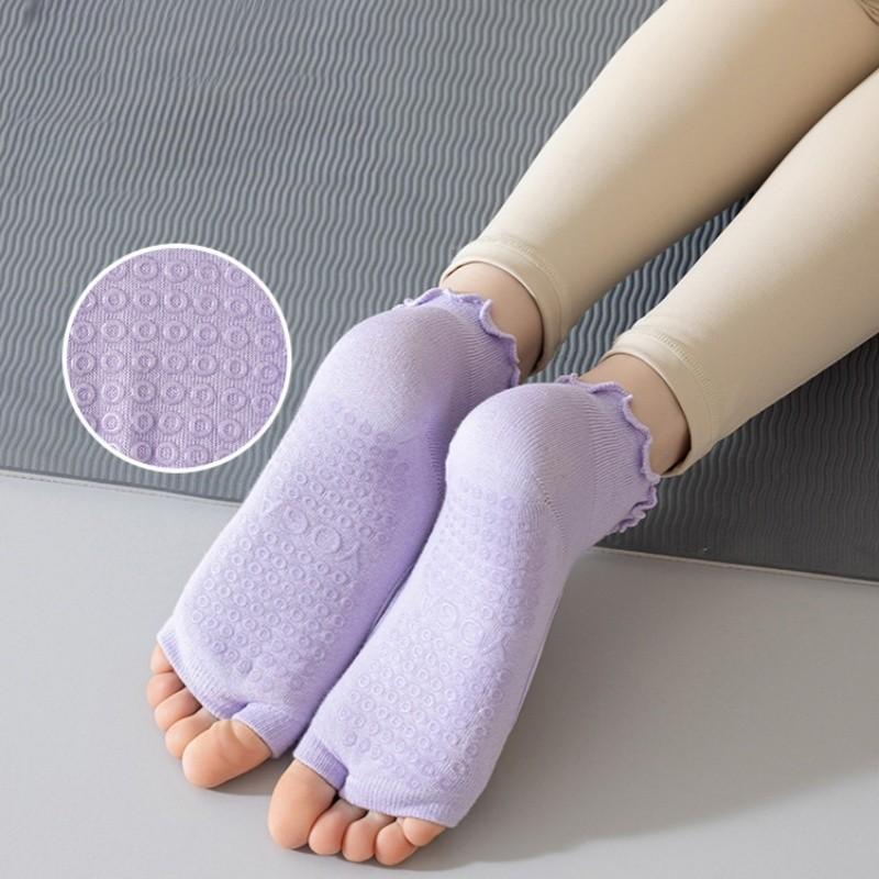 Ladies' Summer Breathable Backless Toe Exposed Cotton Yoga Socks with Anti Slip Silicone Polka Dot Breathable Dance Pilates Yoga Socks