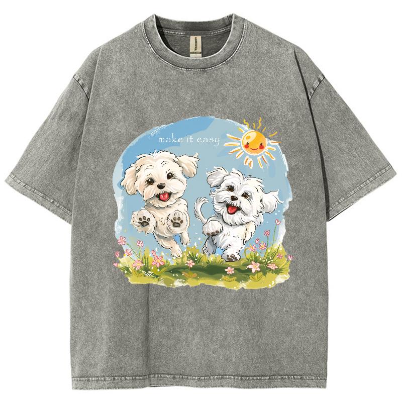 Cartoon Cute Puppy Print Summer Women's T-Shirt Y2K Oversized Neck Short Sleeve Washed Unisex Casual Top