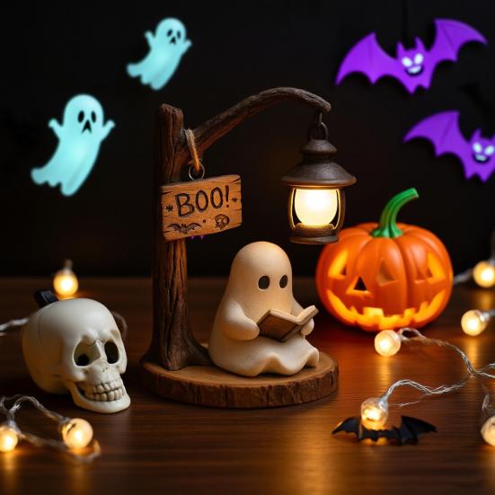 Ghost Reading Street Lamp 3D Resin Halloween Ghost Night Light LED Ghost Reading Book Table Lamp with Warm Light for Bedroom Study Living Room Decor