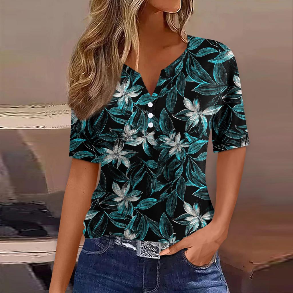 Women's T Shirt Tee Print Button Short Sleeve Daily Weekend Fashion Basic V- Neck Regular Top