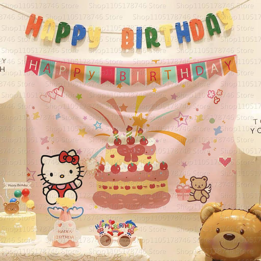Kawaii Anime Hello Kitty Happy Birthday Wall Hanging Tapestry Cute Fashion Bedroom Background Home Decor Original Tapestries