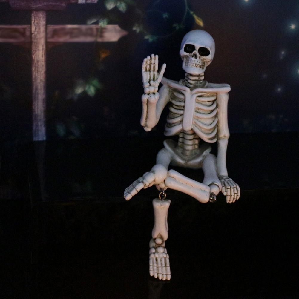 Swing Leg Skeleton Figurine Sitting Skull Resin Statue Sculpture Home Office Desktop Garden Decoration Ornament Halloween Birthd