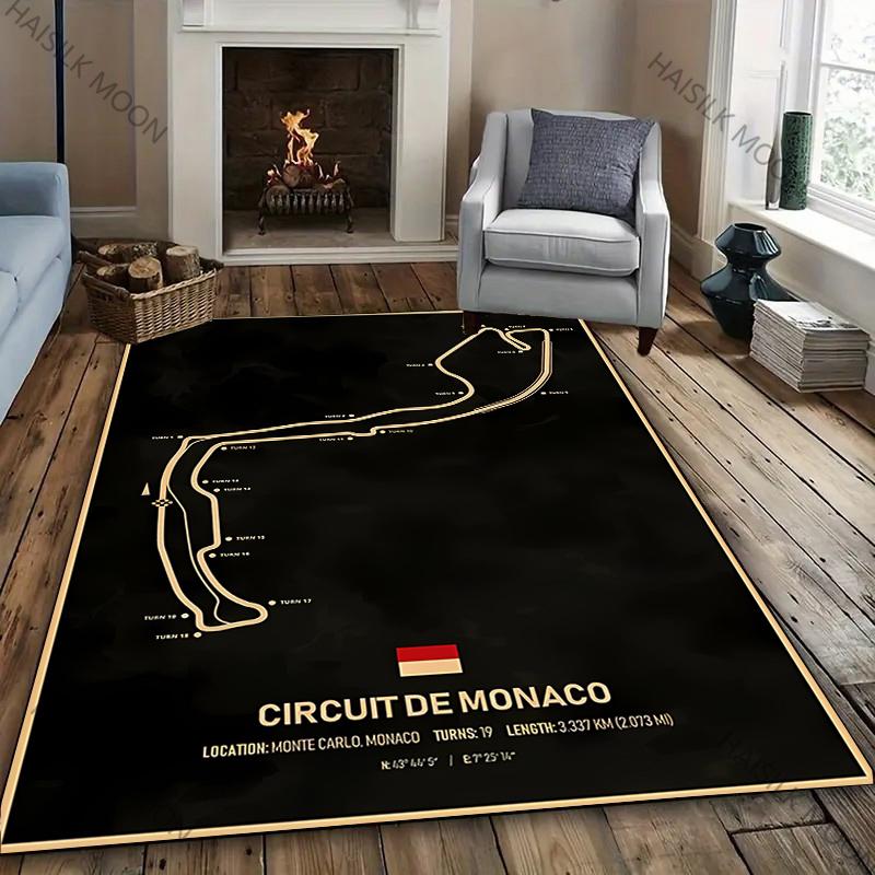 F1 Imola Monaco Streckenlayout Gedruckter Vier-Jahreszeiten-Teppich für Zimmer Sofa, Formel 1 Motorsport Thema Dekor Matte Rennliebhaber Teppich