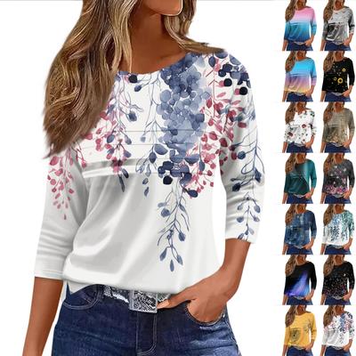 Γυναικεία Μπλουζάκια Πλισέ Μπλούζες με Στρογγυλή Λαιμόκοψη για Κομψό Καθημερινό Ντύσιμο, με Εκτύπωση, Μανίκι 3/4, Καλοκαιρινά Τοπ, Φαρδιά Γραμμή