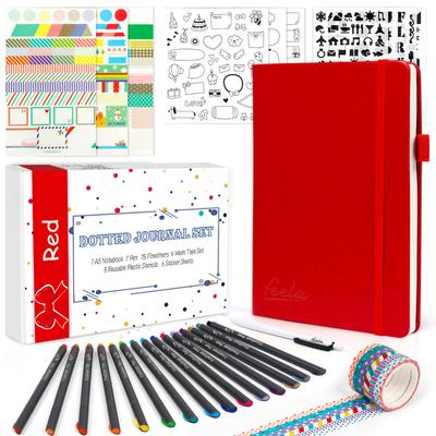 Feela Bullet Journal Syntetický A5 Tečkovaný Zahrnuté Pero, Kůže, Velikost, Mřížka, (Červené)