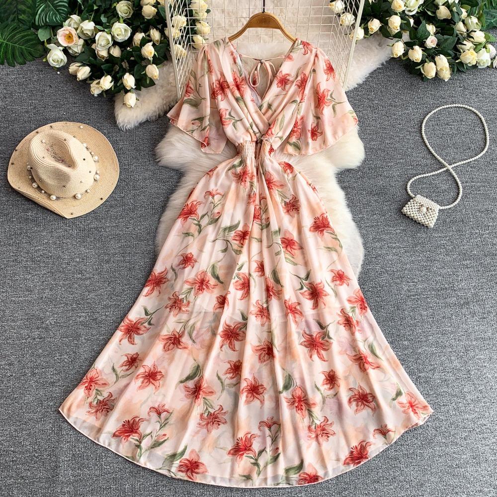Women's V Neck Floral Chiffon Maxi Dress High Waist A-Line Casual Dress for Summer Vacation