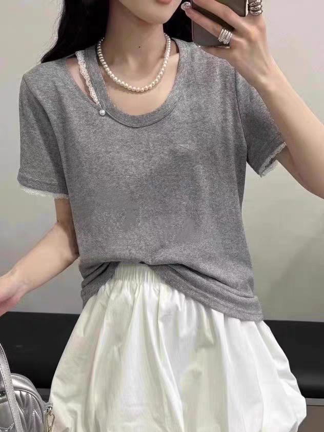 

Lace-Trimmed Women s Short-Sleeve T-Shirt - Unique Summer 2025 Design, Stylish and Lightweight M серый