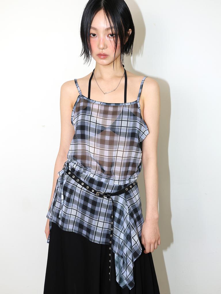 MEENDERI Sheer Asymmetric Check Bustier - Black