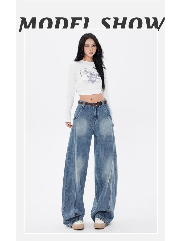American Retro Silhouette Scimitar Jeans: Loose Wide-Leg Floor-Length Pants