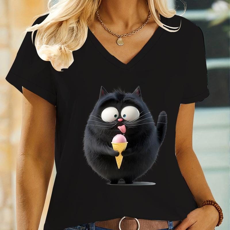 Women VNeck Tshirt Funny Comic The Black Cat Eating Ice Cream Print Fashion Y2K Tops Short Sleeve Cartoon Kitten Streetwear