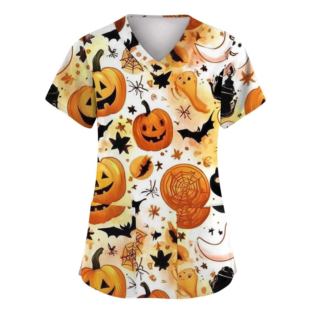 Women's Fashion Short Sleeve Halloween Printed V-Neck Pocket Workwear Tops