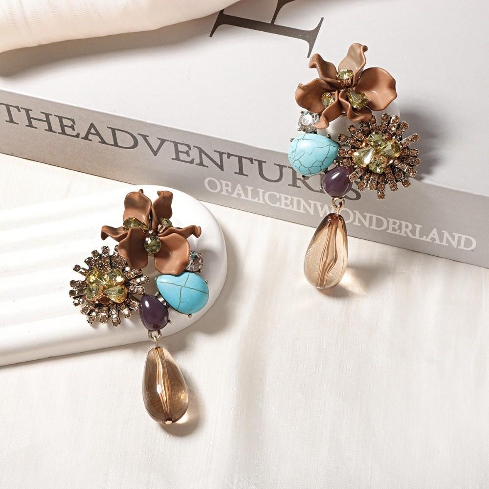 Water Droplet Pendant Pendant Earrings Retro Inlay Flower Earrings  Jewelry Gift