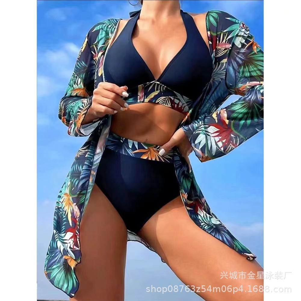 Bikini Mesh Split Three-piece Swimsuit Women's Summer Sunscreen Blouse Swimsuit Quick-drying