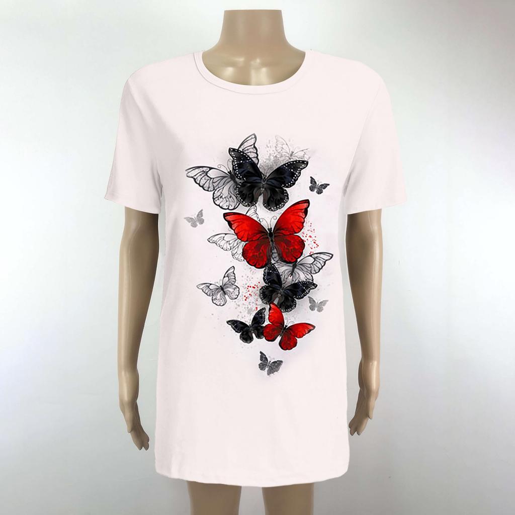 Fashion Women's Casual Loose  T-shirt Butterfly Print Short Sleeve Top