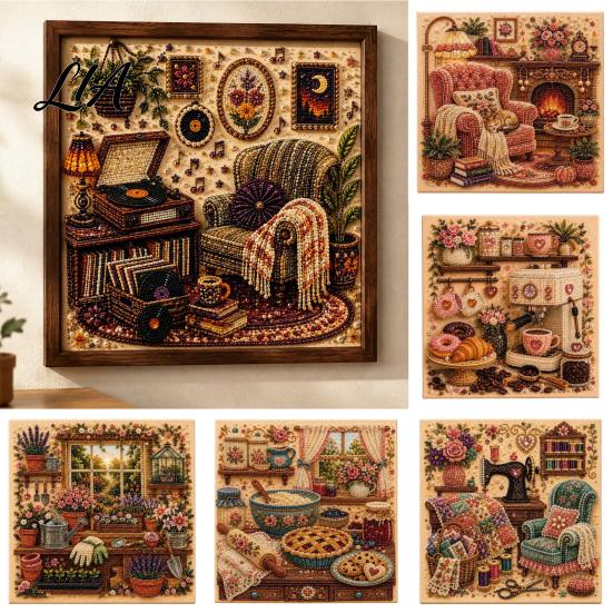 Decorative Crafting Supplies Vintage Room Diamond Painting Kit, DIY Art with Cozy Cottage Scenes, by Numbers Alternative Complete Tools Set