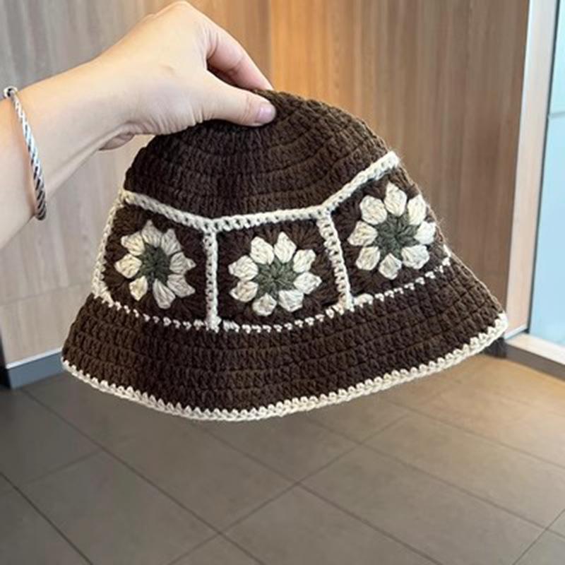 

Style Versatile Hat Retro Knitted Flowers Womens Sunshade Hatscaps Fisherman Coffee