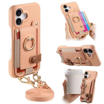 Crossbody Lanyard Ring Wallet with Card Holder Leather Phone Case for iPhone 16 15 14 13 12 11 Pro Max Plus Protective Cover