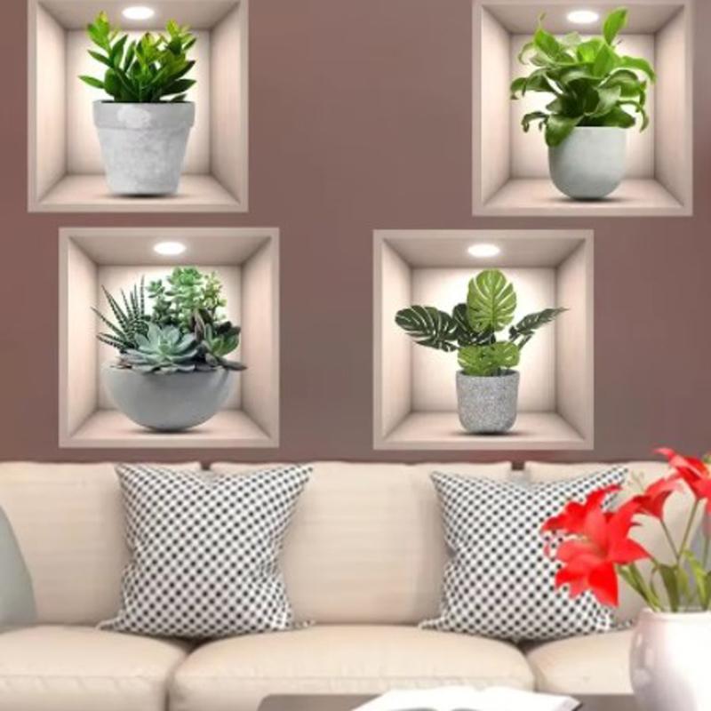 4ps Creative Floral Green Flower Pot Pattern Self-adhesive Wall Stickers Removable Stickers for Home Decoration