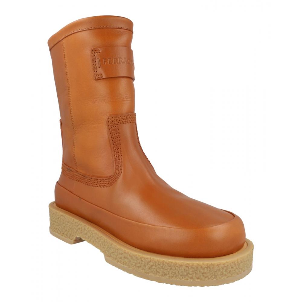 Salvatore Ferragamo Ferdi Leather Boots Beige Brown