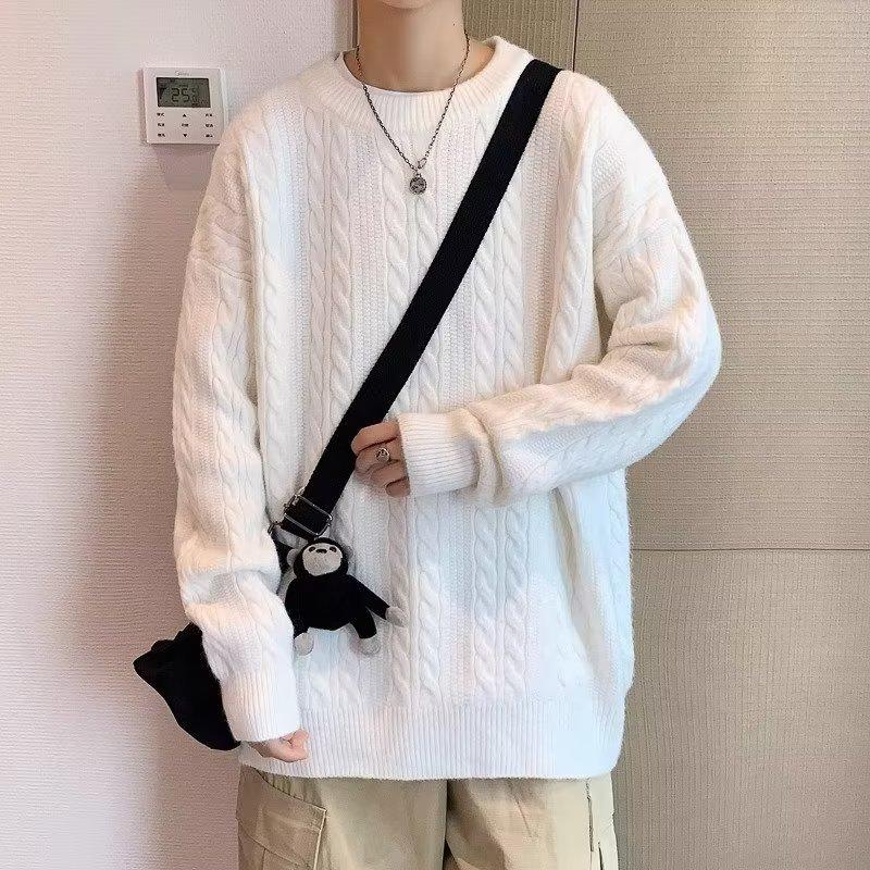 Men's Loose Sweater Autumn and Winter New Twist Round Neck Sweater Solid Color Casual Sweater Pullover Top Men