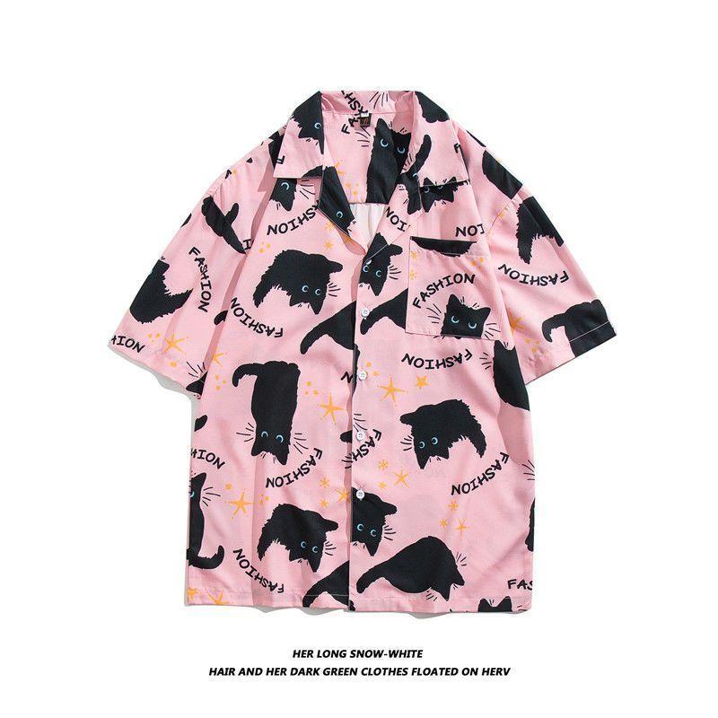 Straight Streetwear Fashion Casual Shirts Turn-down Collar Man Short Sleeve Button Printing Spring Summer Thin Men's Clothing