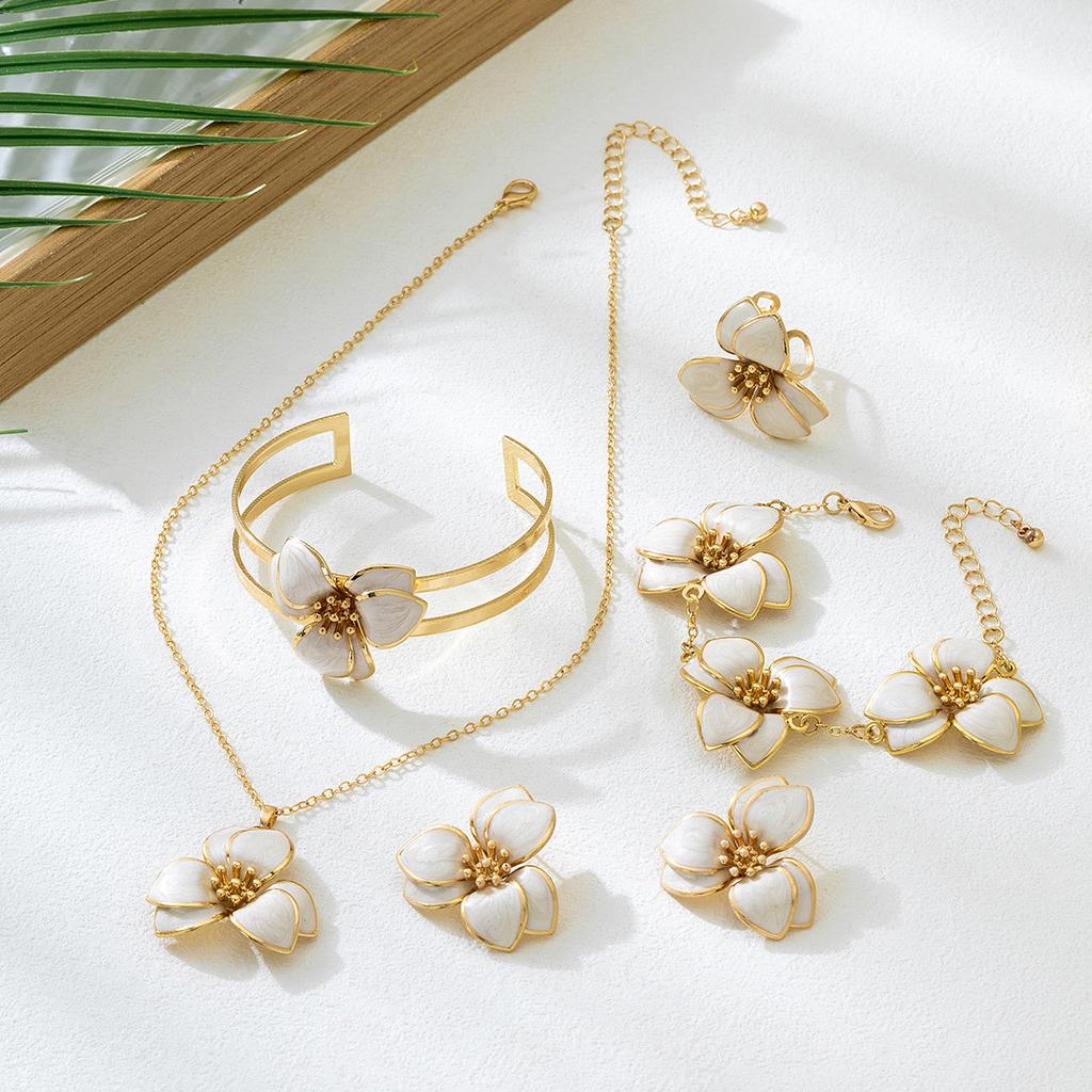 Simple Oil-Infused Flower Earrings And Necklace Set - Casual Jewelry Set For Women