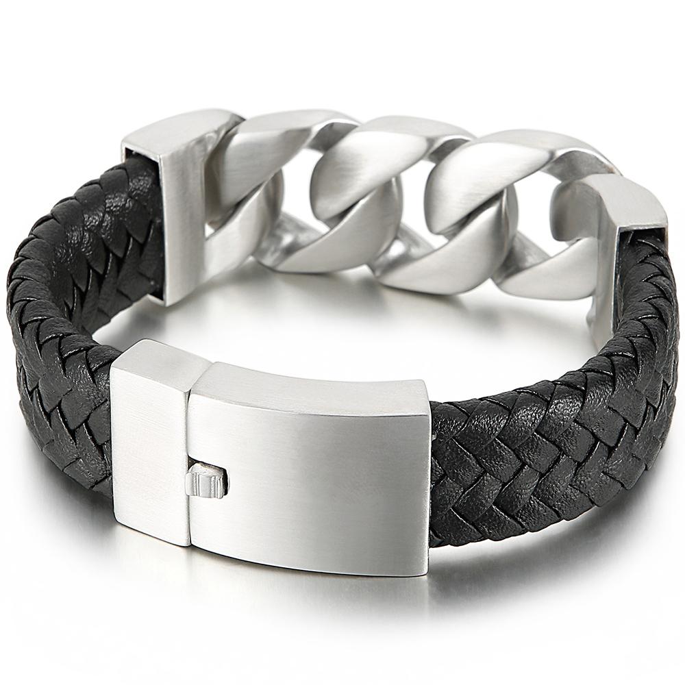 24MM Wide Cuban Chain Bracelet for Men Matte Brushed Stainless Steel With Braided Leather Men's Bracelets Bold Hip Hop Jewelry