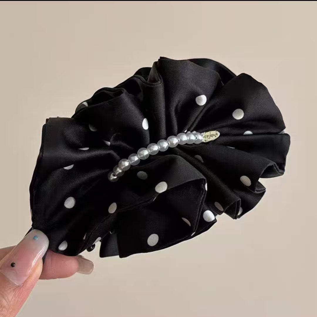 Korean Satin Pearl Pleated Polka Dot Banana Clip: Versatile Hair Claw Accessory