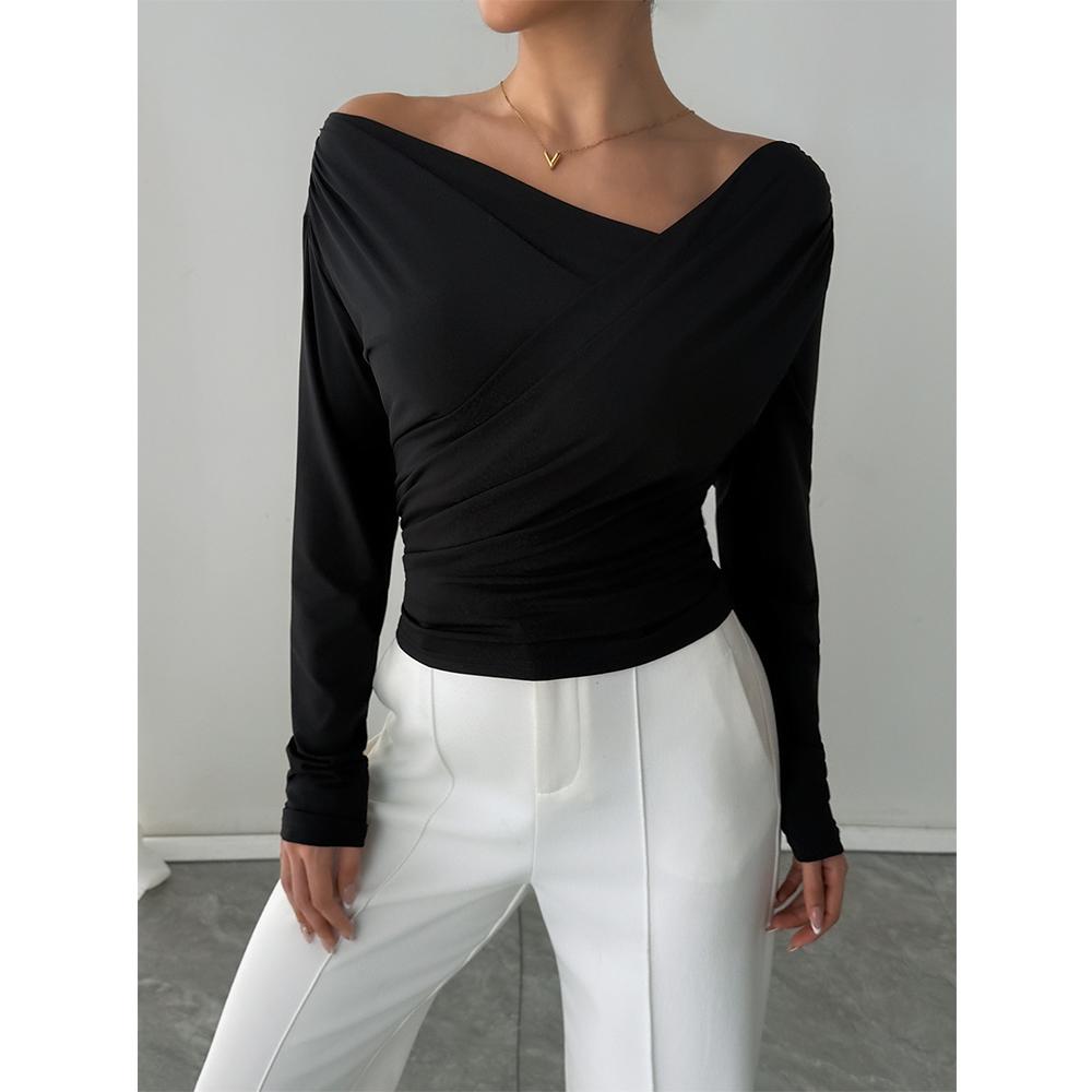 Women's One Off Shoulder Long Sleeve Tops Ruched Asymmetrical Neck Slim Fit Y2K Shirt