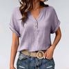 Women's V-Neck Short Sleeve Button Front Crinkle Fabric T-Shirt with Rolled Hem