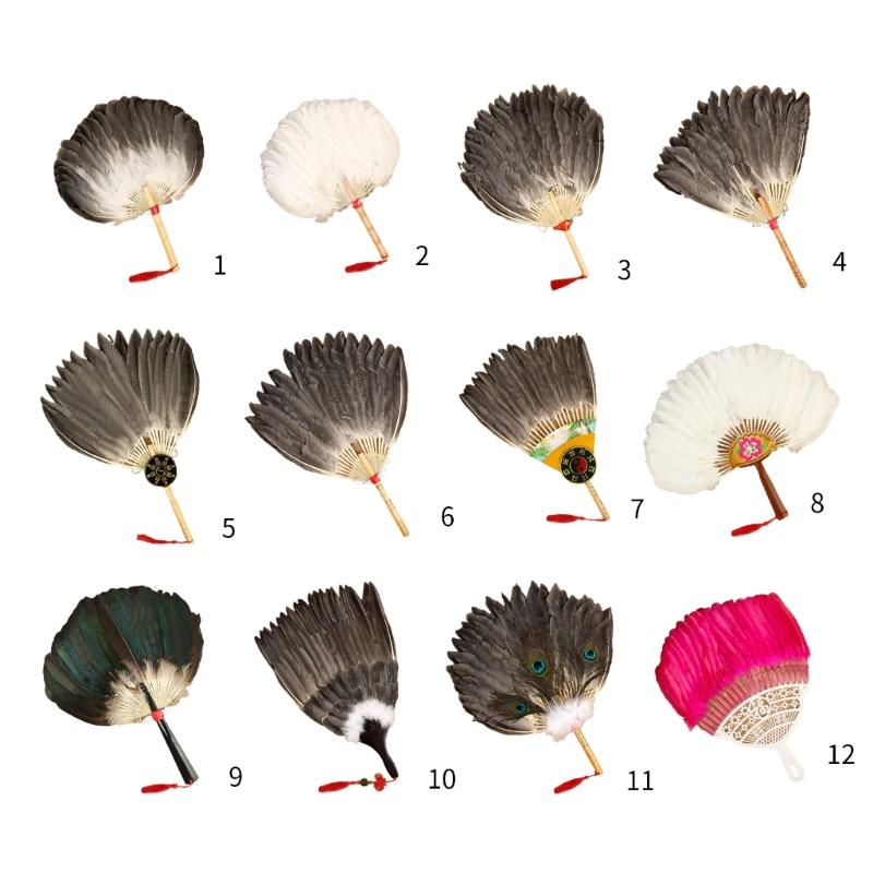 Vintage Chinese Fan Gooses Feather Wedding Party Fan Dance Feather Hand Fan Photograph Props Wood Craft Decorations Fan